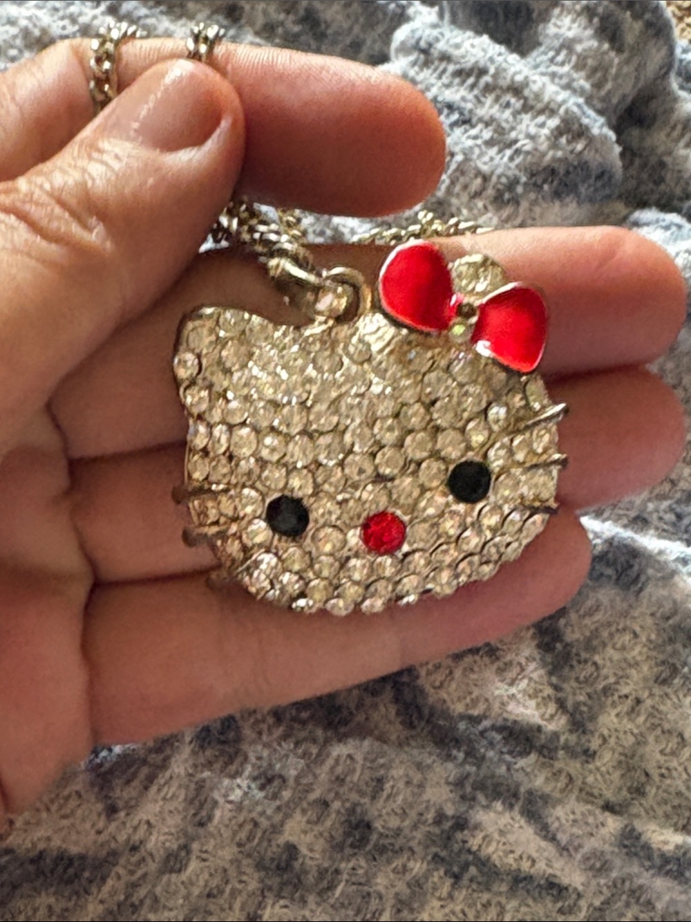 Hello Kitty Crystal Cat Pendant Necklace with Red Enamel Bow